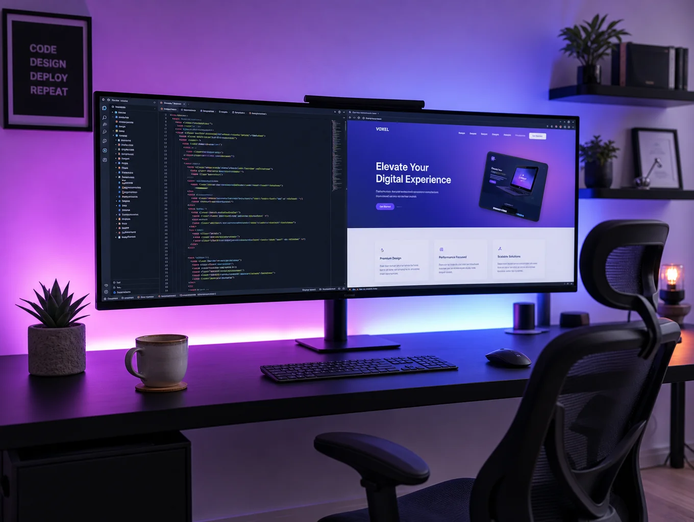 Modern software development studio workspace showing clean code architecture on dual monitors